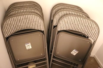 Lot Of 12 Samsonite Folding Chairs With Geometric Beige Fabric On Seats And Back.