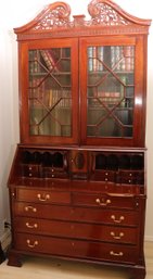 Elegant Tall Georgian Style Mahogany Slant Front Secretary With Glass Front Doors, And Compartments.