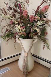 Oversized 1980s Era Bisque Dragon Handled Floor Vase With Silk Flowers.