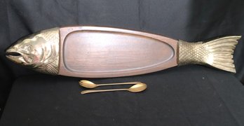 Long Wood And Brass Fish Serving Tray