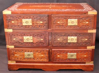 A Vintage Hand Carved Wooden Jewelry Box With Intricate Brass Inlay And 6 Drawers.