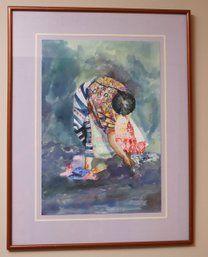 Signed Watercolor Of Woman With Colorful Clothes In A Blue Lake.