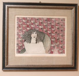 Pencil Signed Lithograph Of Seated Woman And Wallpapered Wall, By Slomowitz, Numbered 1/30.