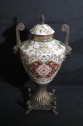 Vintage French Style Hand Painted Porcelain And Brass Covered Vase - Crackle Finish Brass Maidens On Paw Feet