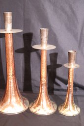 Lot Of 3 Hand Hammered Arts And Crafts Design Candlesticks In Copper And Silver Metal