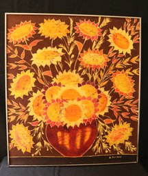 Batik Painting Of Sunflowers In Vase, Signed A. Petrou