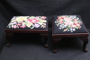 Pair Of Fine Victorian Style Needlepoint Stools With Floral Design