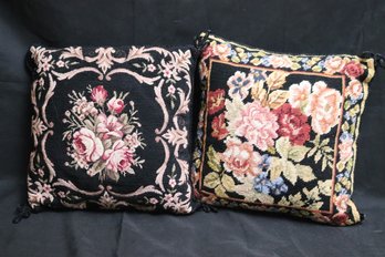 Pair Of Fine Needlepoint Floral Accent Pillows