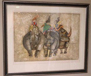 Limited Edition Pencil Signed Boulanger Lithograph Of 3 Girls Atop Rhinos.