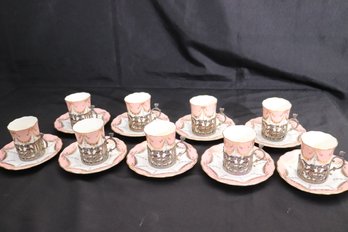 A Set Of 9 Coalport Jays 5975 Demitasse Cups And Saucers With Sterling Silver Holders.