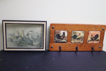 Country Farm Style Roosters On Wood Board With Hooks Including Decorative Panel Of Roosters Printed On Glass