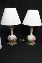 Pair Of Hand Painted Paris Porcelain Table, Lamps On Bronze Bases With Silk Thread Lampshades.