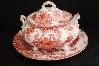 Royal Crown Derby English Bone China Red Aves, Soup Tureen With Lid And Underplate.