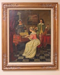 Framed Antique Style O/C Painting Of Interior Scene With Lovely Blond Woman Playing Piano.