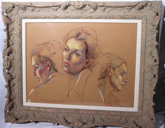 Flora Baldini Giffuni PSA Portrait Pastel Artwork, Approx. 33 X 26 Inches In An Ornate Carved Wood Frame