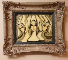 Patricia Brown Bannister Framed Painting On Board Of 3 Young Pensive Nuns With Veils.