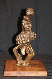 Patinated Metal Sculpture Of Clown Figure With Accordion On Wooden Base