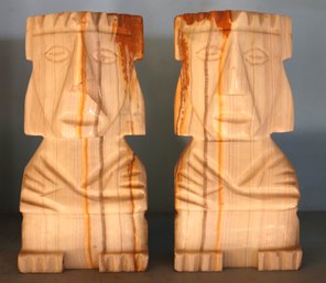 Pair Of Vintage Hand Carved Onyx Stone Aztec Mayan Tiki Style Bookends