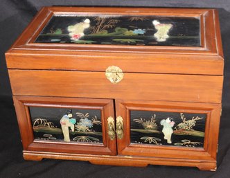 Large Wooden Jewelry Box With Asian Jade Design And Hand Painted Scenes.