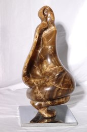 Unique Abstract Marble Sculpture Signed By The Artist AE On Chrome Stand, Approx. 16 Inches Tall.