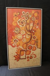 Vintage Batik, Painting Of Orange And Tan Flowers Signed ORA