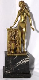 Vintage Gilded Art Nouveau Female Brass/ Bronze Sculpture On Marble Base Signed By The Artist JH Land