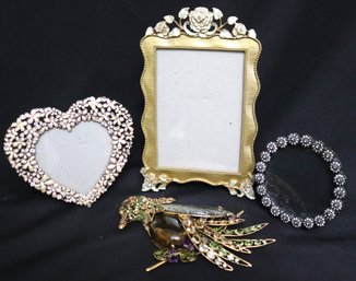 Three Enamel Picture Frames And Extravagant Bejeweled Bird Brooch By C And D Jewelry.