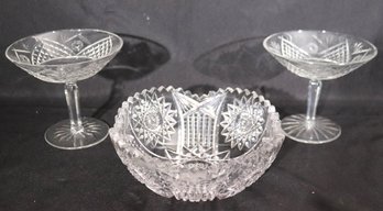 Two Cut Crystal Footed Candy Dishes And Elegant Cut Crystal Bowl.