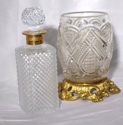 Vintage Cut Crystal Including A Decanter And Ice Bucket On An Ornate Brass Base