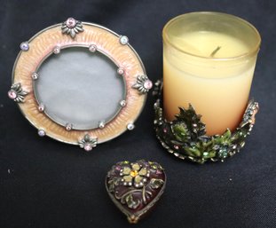 Jay Strongwater Picture Frame, Heart Pillbox, And Candle Holder. Sizes 1.5to 3