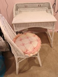 Vintage, White, Painted Wicker Desk, And Chair.
