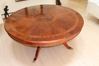 Large Elegant Round Mahogany Dining Table With Inlaid Wood Design On Pedestal
