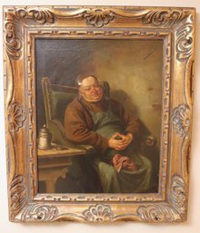 Signed Antique O/C Painting Of Seated Monk With Wooden Table And Beer Stein.