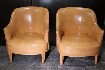 Pair Of Custom Leather Upholstered Barrel Chairs