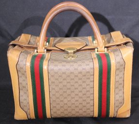 Gucci Vintage Beige Monogram Canvas Train Case Bag With Stripes.