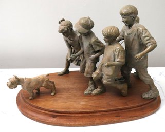 R. Sandiber Bronze Sculpture Of Children Chasing The Dog On A Wood Base