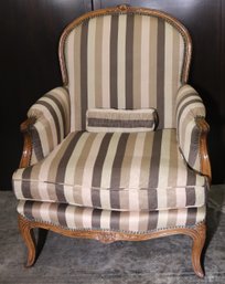 Vintage French Louis XV Style Carved Wood Arm Chair By Oscar Shadell NY Custom Upholstered Striped Linen Fabri