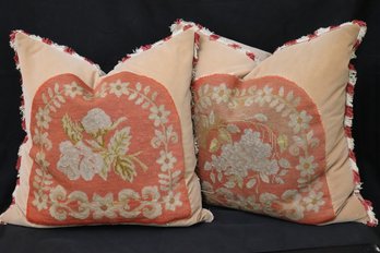 Pair Of Custom Accent Pillows With Floral Needle Point Work