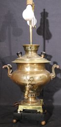 Vintage Brass Samovar, As A Lamp Mounted On Wood Base.