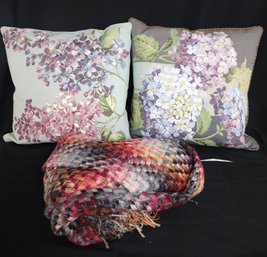 Missoni Wool Woven Throw And 2 Floral Accent Pillows By Iosis, Paris, With Down Inserts.