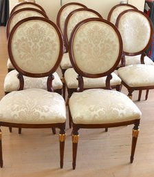 Set Of 8 Louis XV I Style Dining Chairs With Damask Upholstery And Gold Highlights