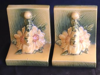 Pair Of Vintage Roseville USA Pottery Bookends With Floral Accents