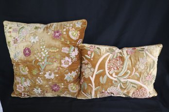 Two Beautifully Embroidered Velvet Accent Pillows With Down Inserts By Anke Drechsel.