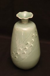 Vintage Korean Celadon Pottery Thousand Cranes Vase In A Crackled Finish
