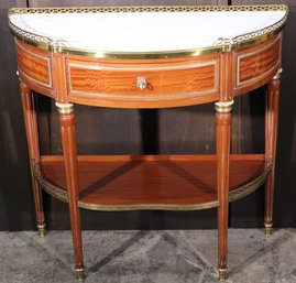 Vintage French Louis The XVI Style Demilune Entryway Console With A Marble Top And Brass Gallery Rail