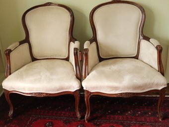 Pair Of Vintage Carved Wood Bergre Chairs With Custom Suede Cloth Fabric.