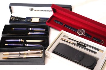 Collectible Pens & Watches With The Cases, Includes Aeroflot, CNC Worldwide, Diplomat, Air China Watch