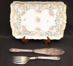 Antique Limoges France Hand Painted Tray And Fish Servers