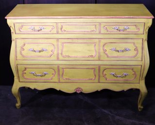 Vintage French Provincial Solid Wood Dresser/ Chest Of Drawers Painted Yellow W Pink Shows Some Crackle