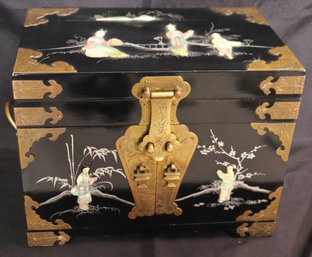 Black Lacquered, Jewelry Box With Asian Mother Of Pearl Design, Lined In Gold Silk.